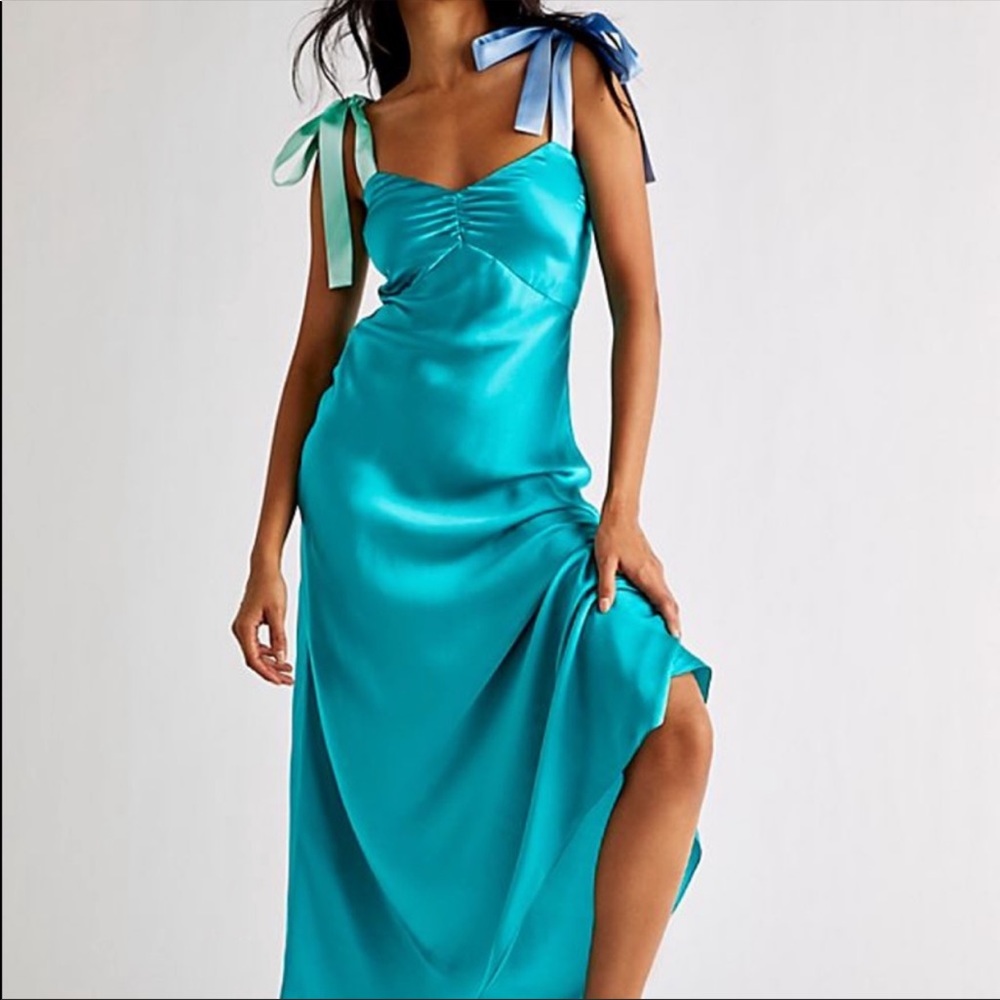 Free People × Dannijo Bow Tie Dress in Electric Teal Blue